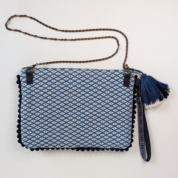 Steve Madden Arya Embroidery Bead 3 Way Clutch Mini Pom Wristlet Strap Chain - Picture 2 of 14